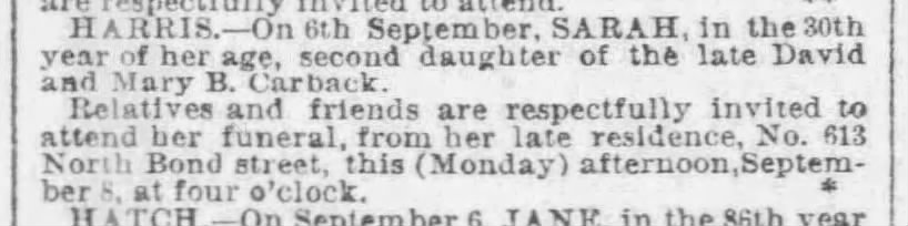 1890 Sep 8, Monday, page 2 - Harris, Sarah (nee Carback) - Obituary
