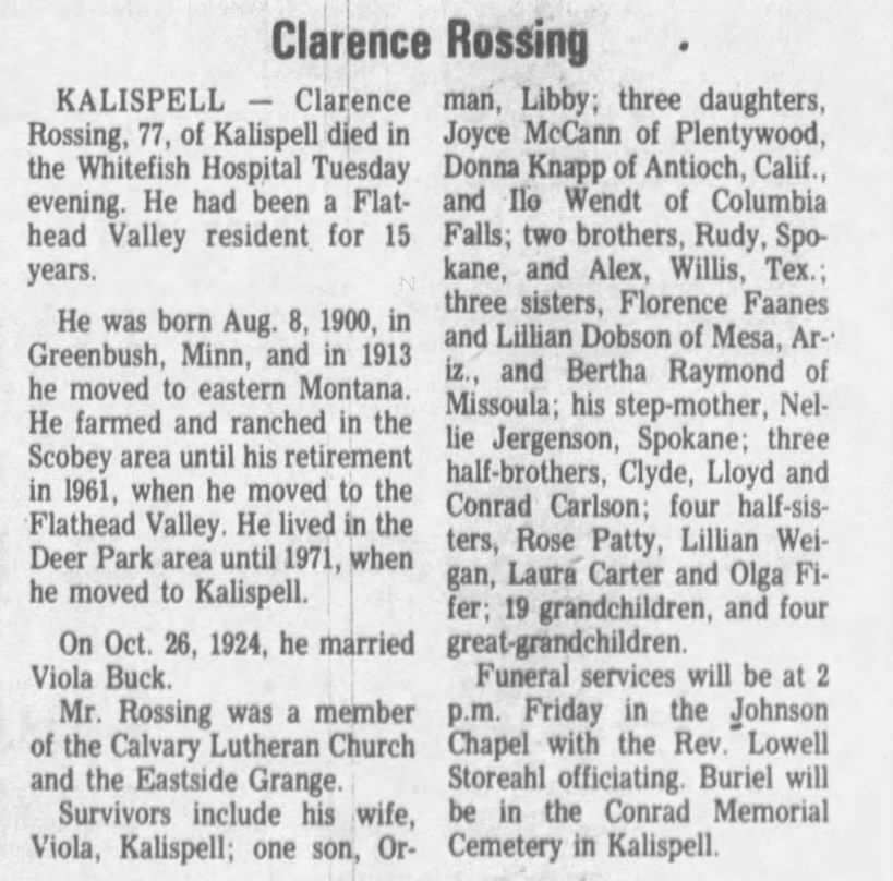 Obituary for Clarence Rossing (Aged 77)