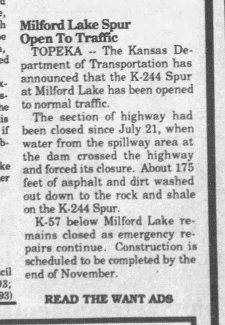 Milford Lake Spur Open To Traffic k244 spur