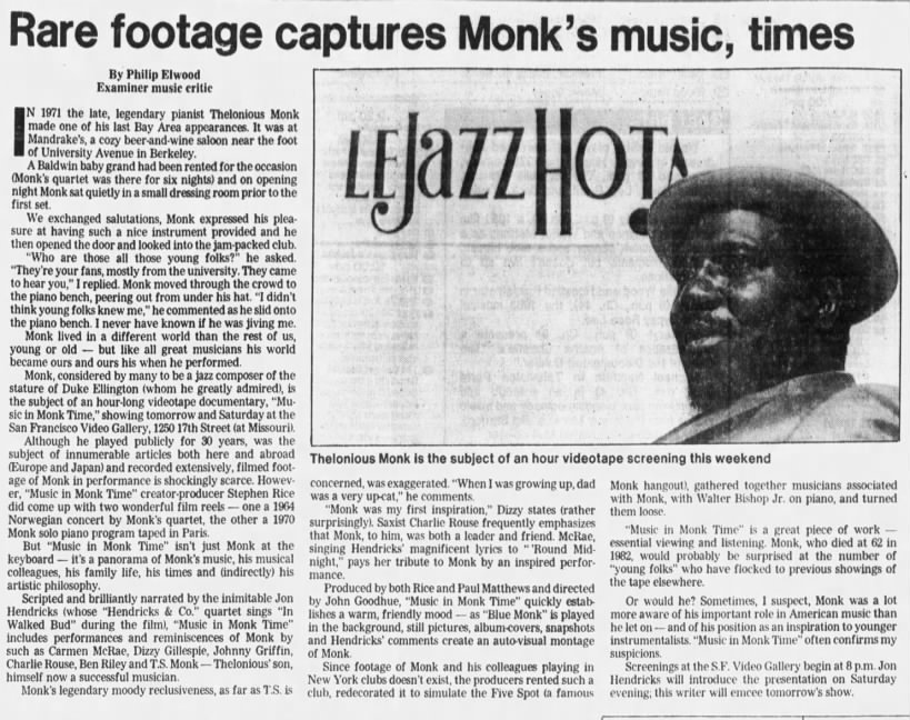 Rare footage captures Monk's music, times