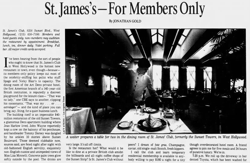 St. James's -- For Members Only - Los Angeles Times Archive