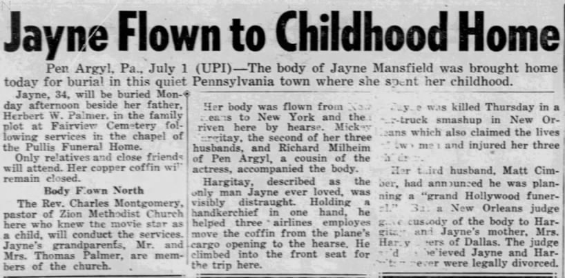 Obituary for Jayne Mansfield (Aged 34)