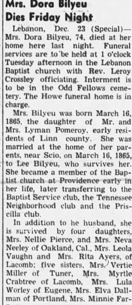 Obituary for Dora Bilyeu (Aged 74)