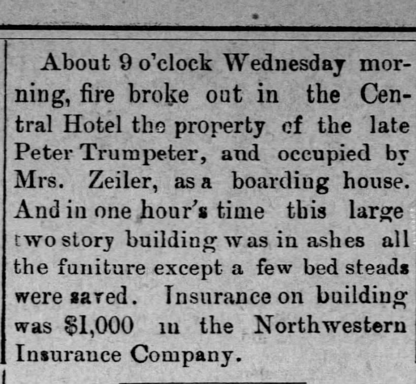 Mary E McFarland Zeiler boarding house she rented burned in Horton, Kansas