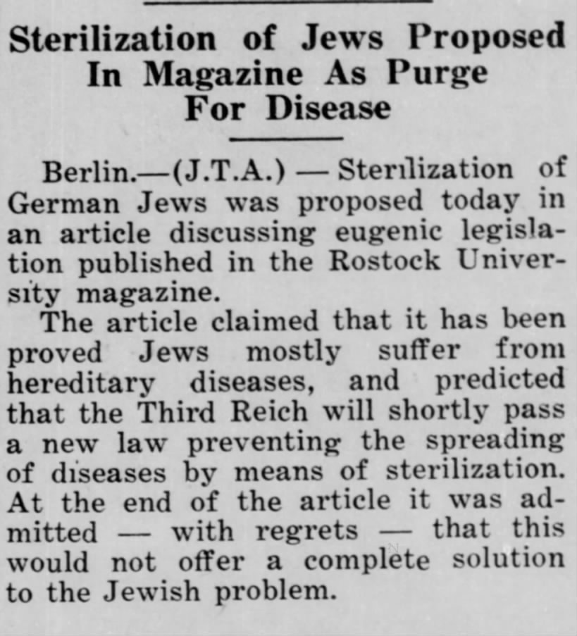 Sterilization of Jews Proposed In Magazine As Purge For Disease, JTA WJC, 71433