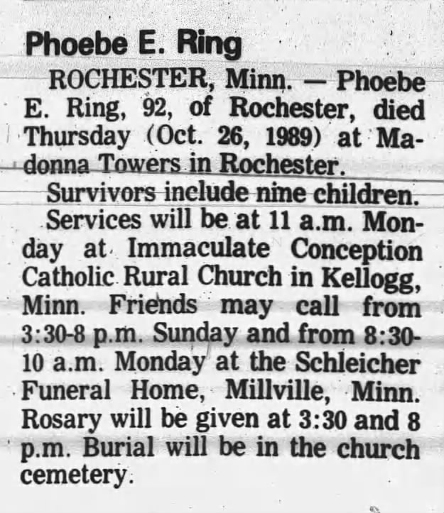Obituary for Phoebe E. Ring (Aged 92)
