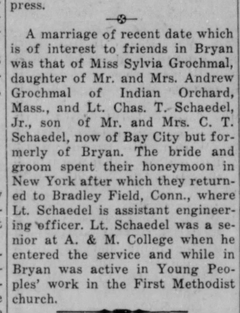 Lt Charles Schaedel marriage 1945