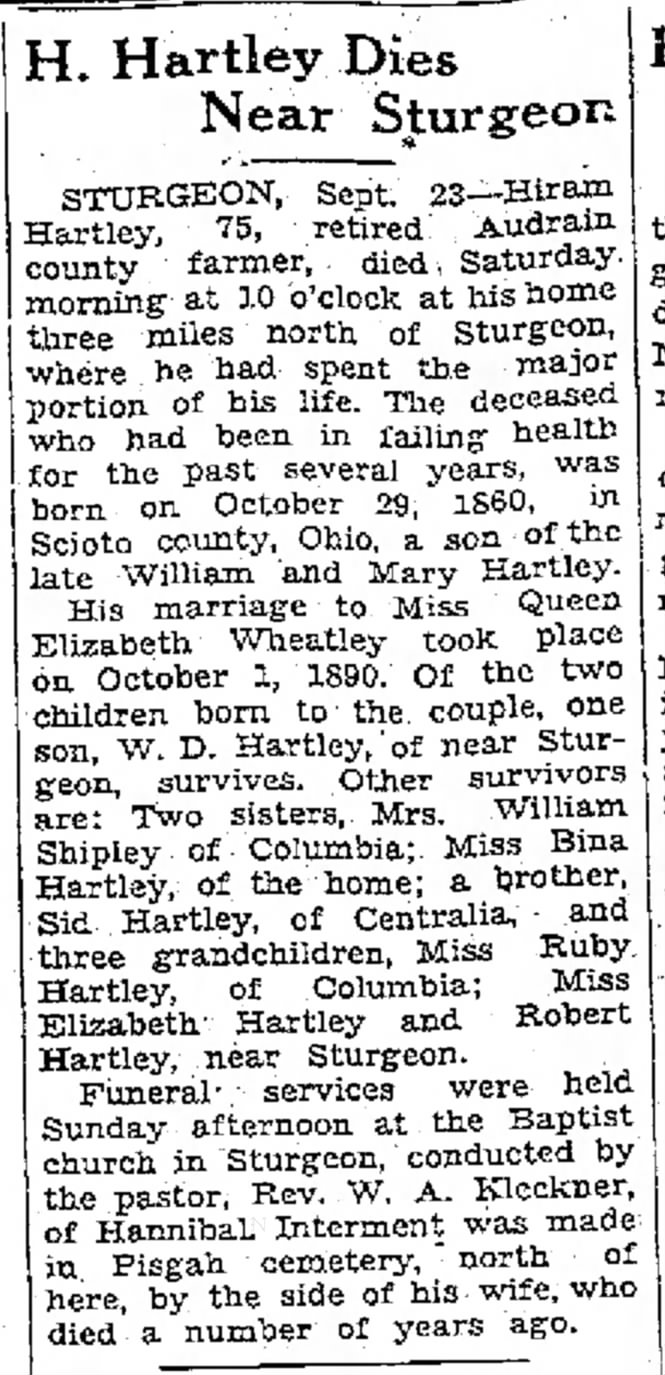 Hiram Hartley obituary Sep 1935;  Moberly Monitor-Index (Moberly, Missouri) 23 Sep 1935, Mon • Page 