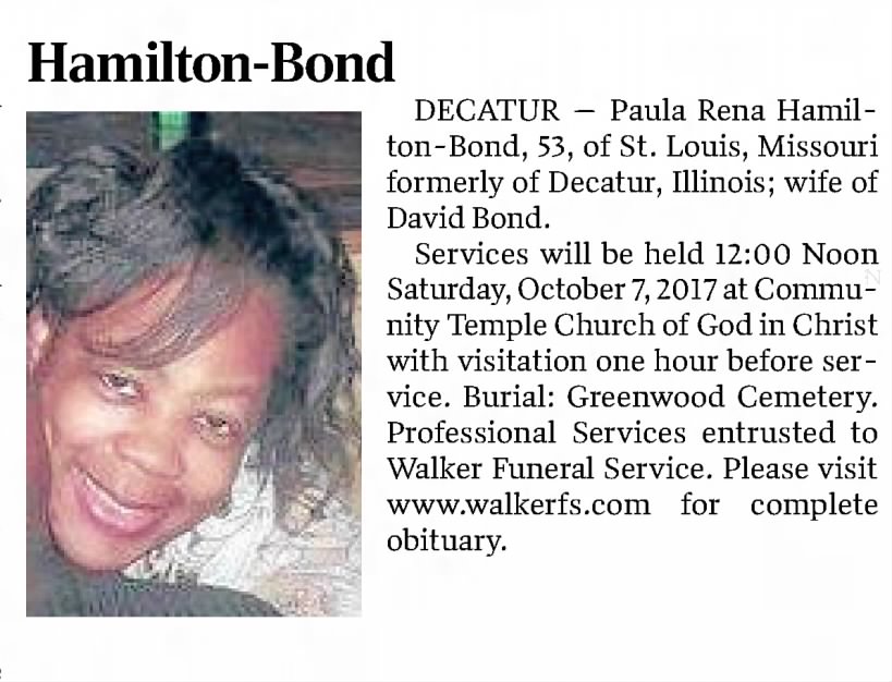 Obituary for Paula Rena Hamilton-Bond (Aged 53)