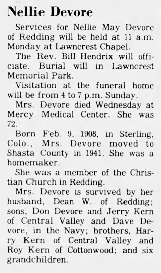 Obituary for Nellie May Devore (Aged 72)