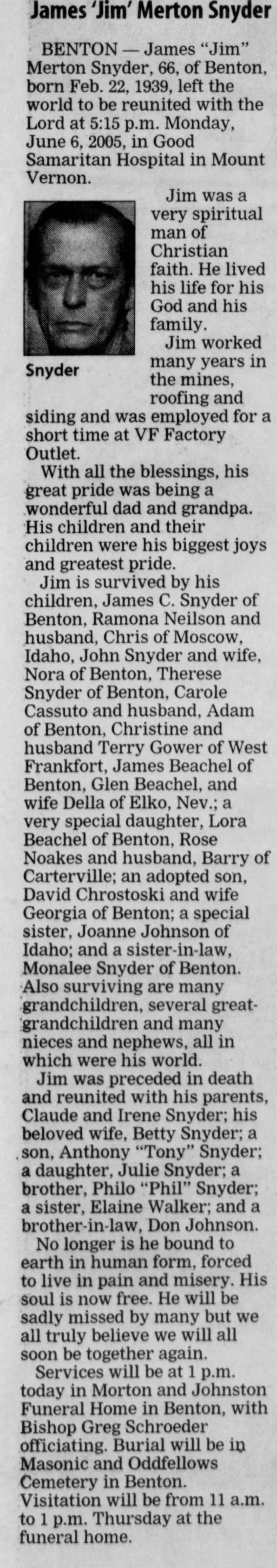 Obituary for James Merton Snyder, 1939-2005 (Aged 66)