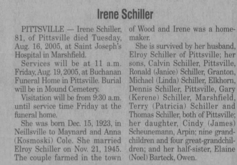 Obituary for Irene Schiller, 1923-2005 (Aged 81)