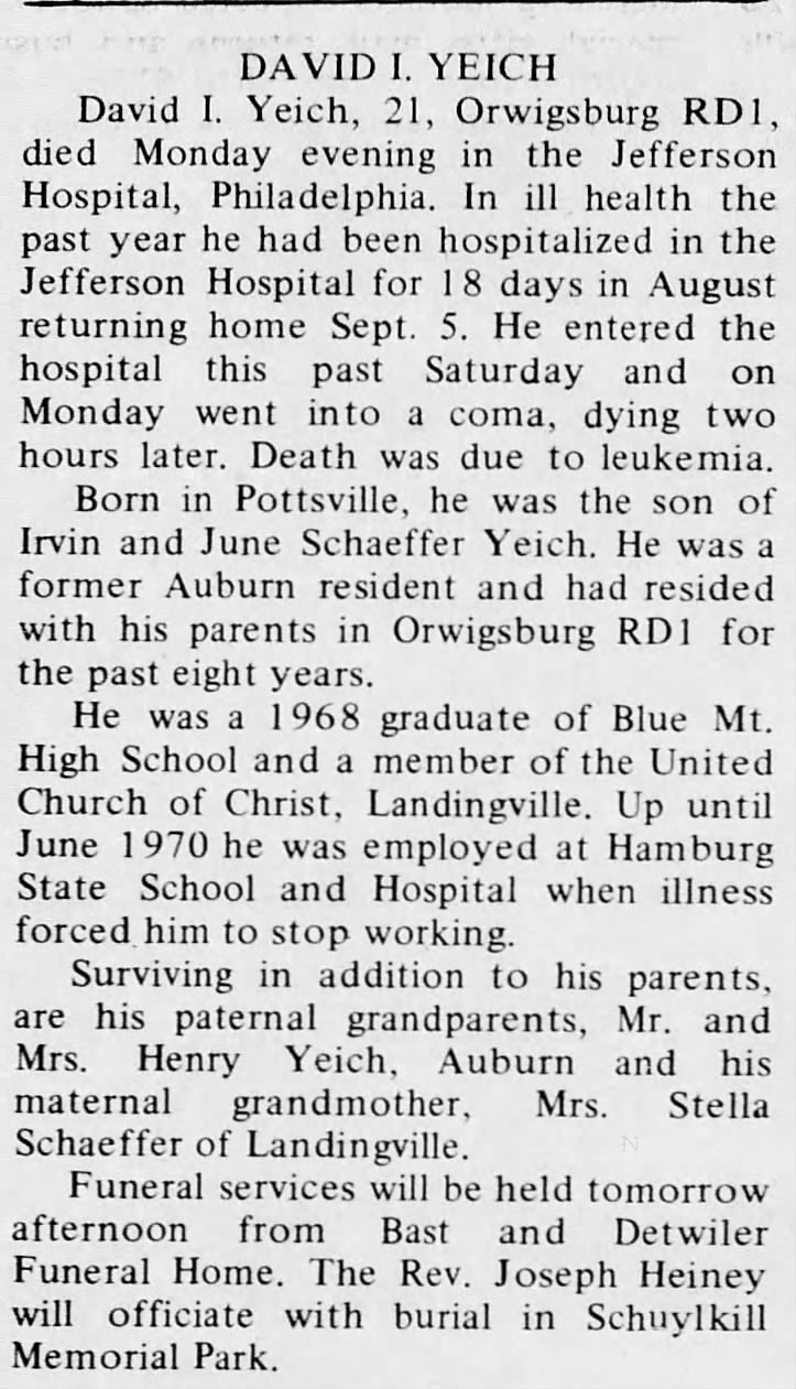 David I. Yeich, 21,  succumbs to leukemia.