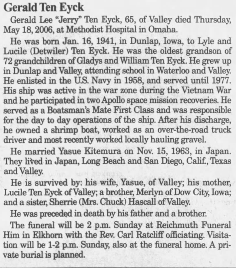 Obituary for Gerald Ten Eyck, 1941-2006 (Aged 65)