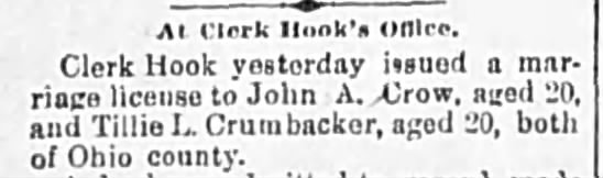 John A. Crow married (The Wheeling Daily Intelligencer) Wheeling, WV.  15 Dec 1894.  Sat, pg 2.