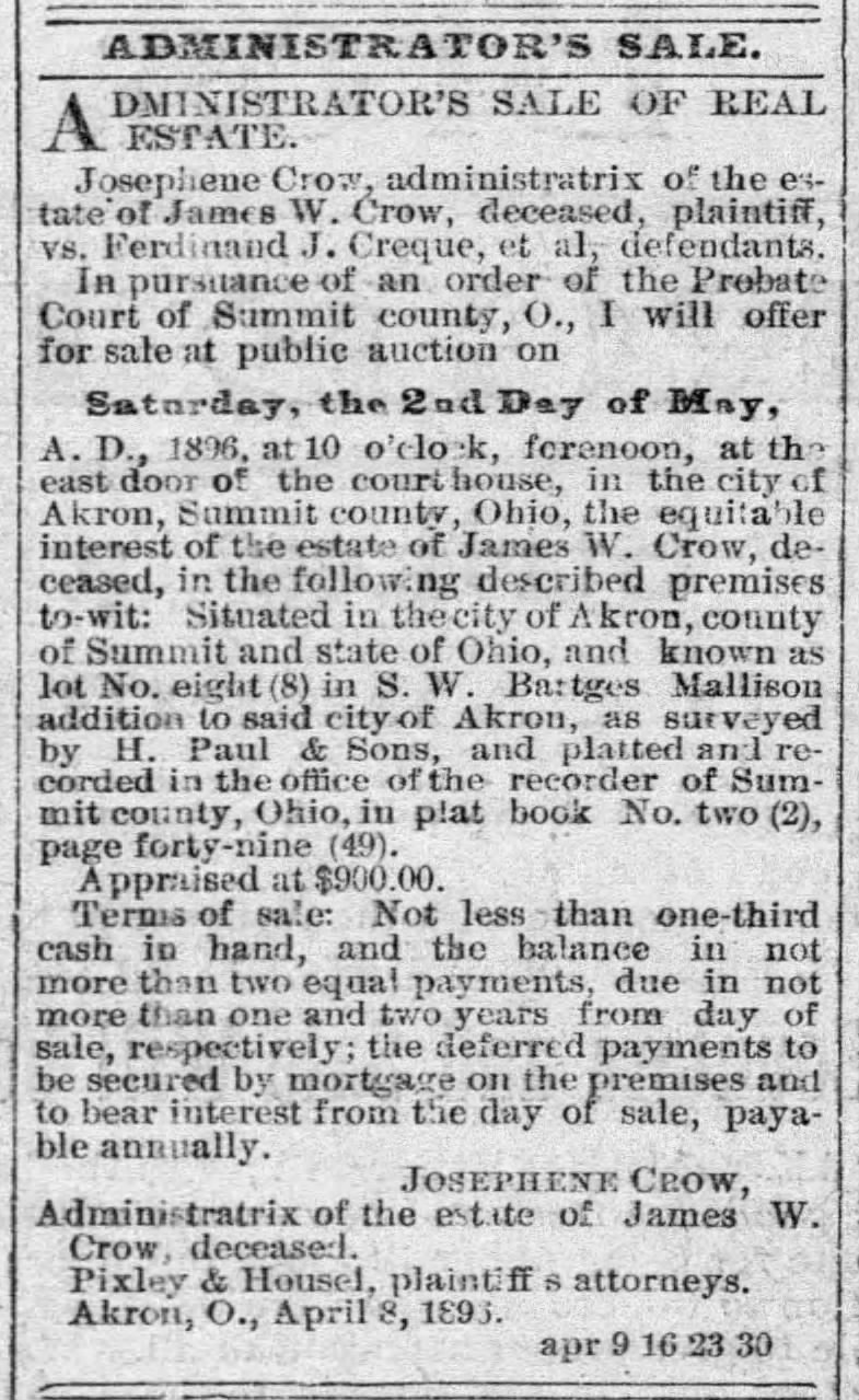 James W. Crow will (The Akron Beacon Journal) Akron, OH.  23 Apr 1896.  Thu, pg 3.