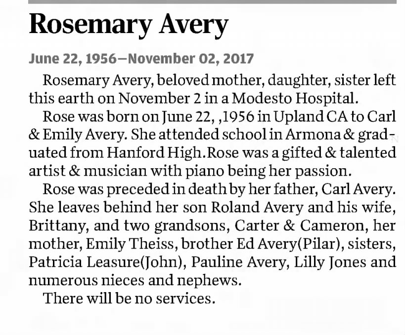 Obituary for Rosemary Avery, 1956-2017