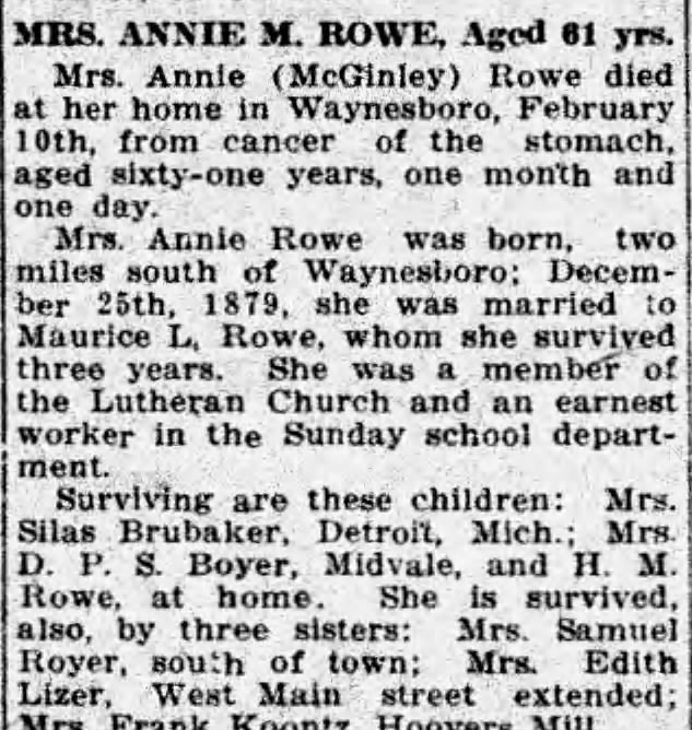 Obituary for ANNIE M. ROWE (Aged 61)