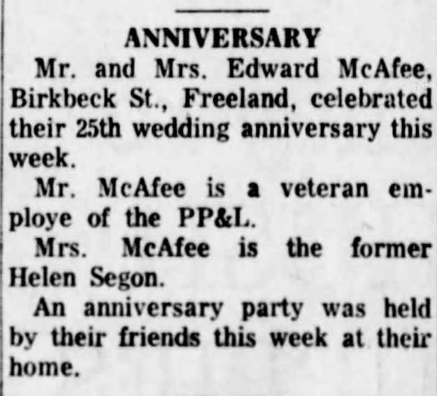 Edward McAfee and Helen Segon 25th anniversary