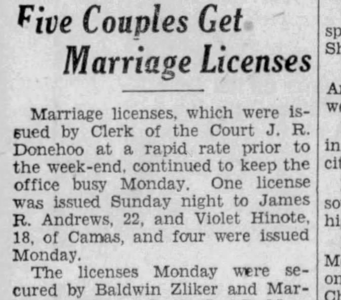 Missoulian 18 Sept 1934 Tue
Violet Hinote and James Andrews Marriage License