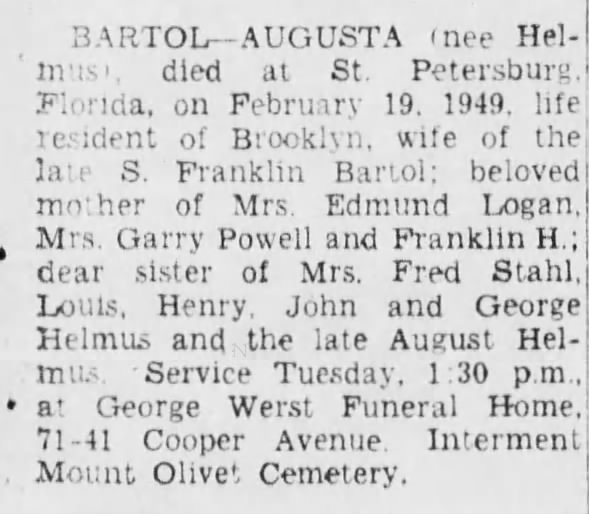 Bartol, Augusta - 1949 - Death Notice