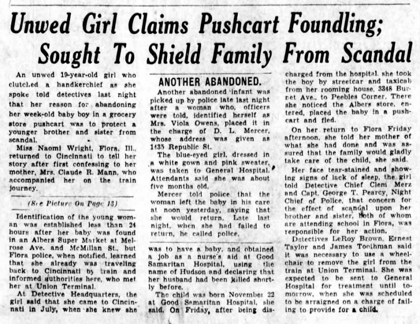 1947_11_30_Cinti Enquirer_Page 1_Unwed Girl Claims Pushcart Foundling