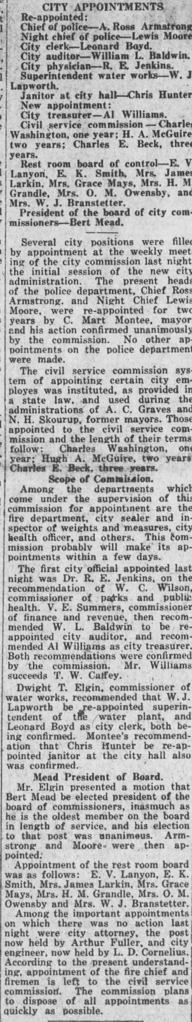 Jenkins RE reappointed city physician 1923