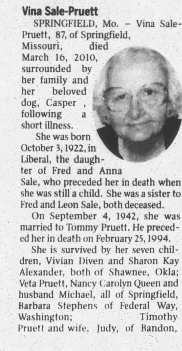 Obituary for Vina Sale-Pruett, 1922-2010 (Aged 87)