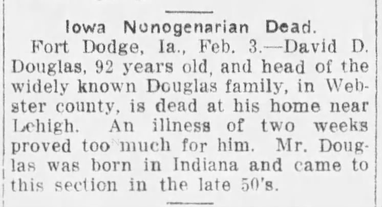 Death notice, David D Douglas - 1916