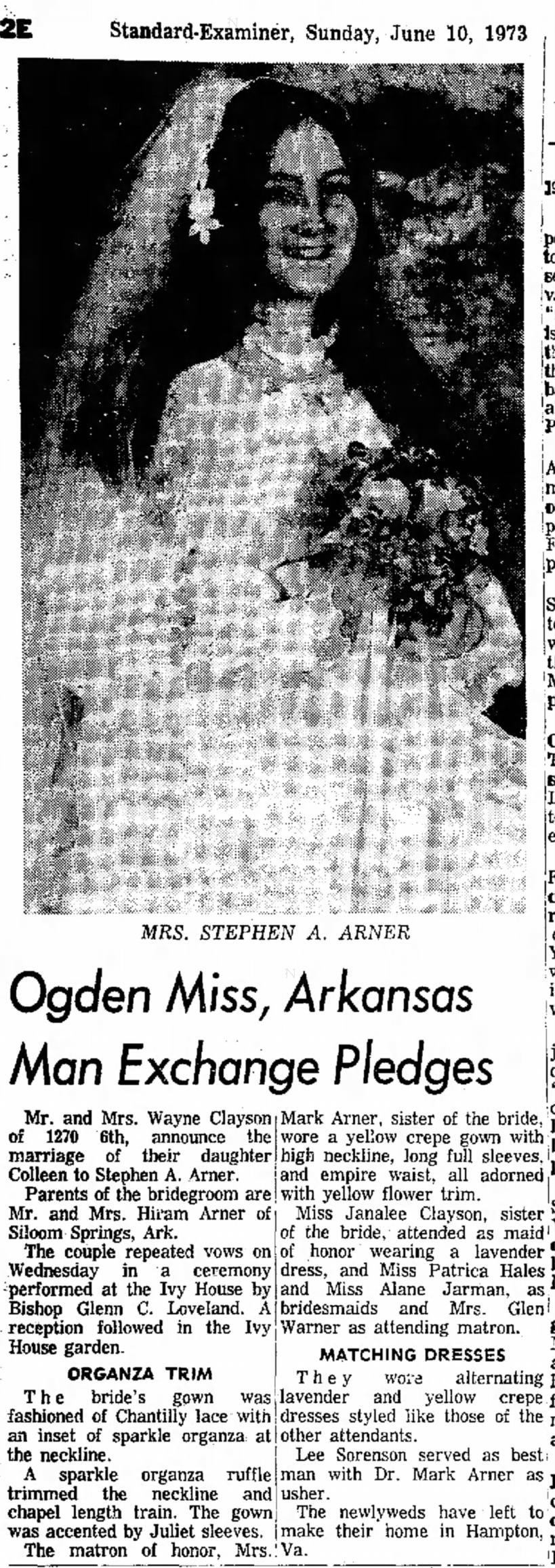 Stephen A. Arner marries Colleen Clayson in Utah in Jun 1973