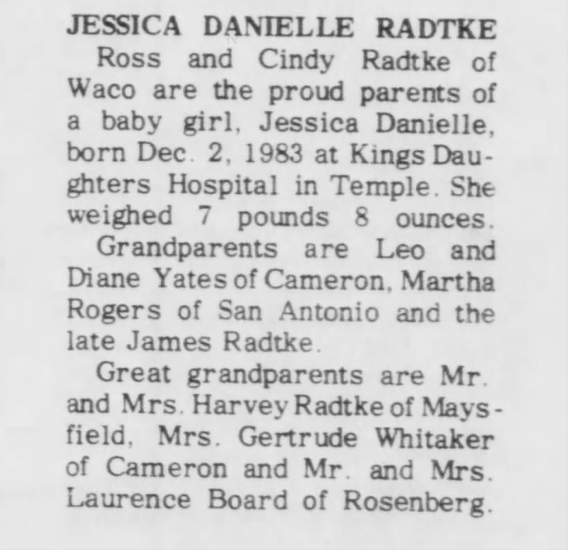Jessica Danielle Radtke (birth announcement)