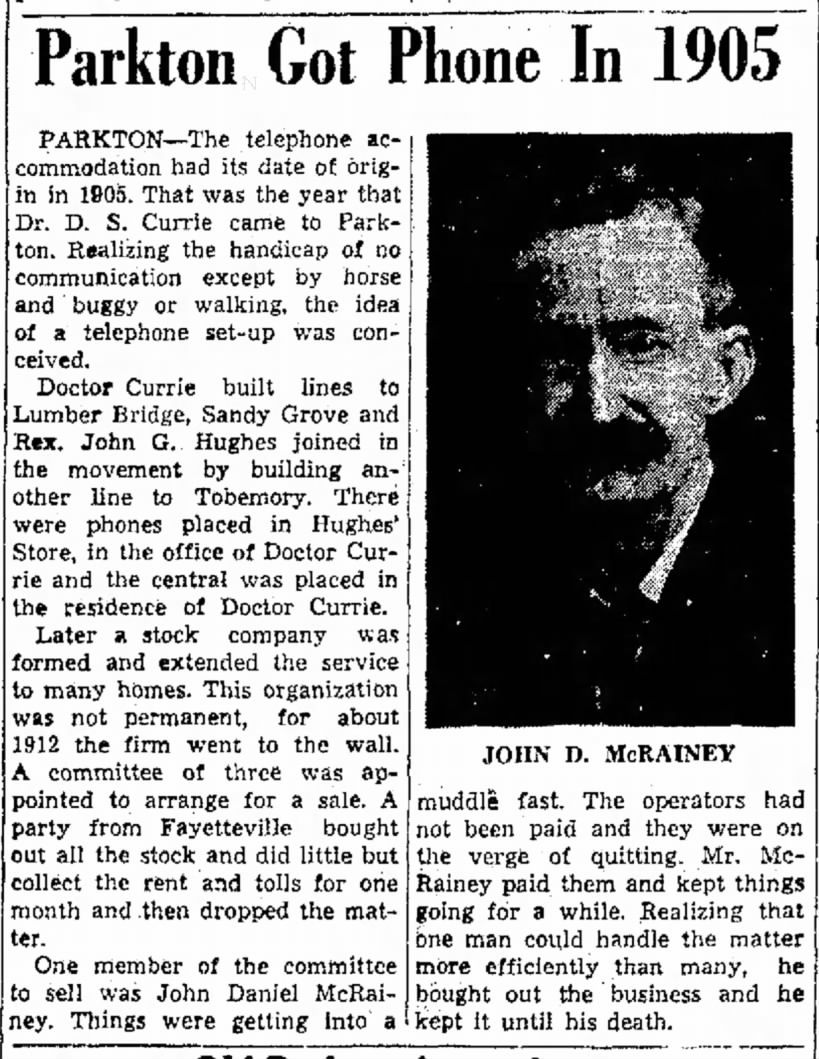 Article about J D McRainey in The Robesonian Feb 26 1951 about phone company in 1905