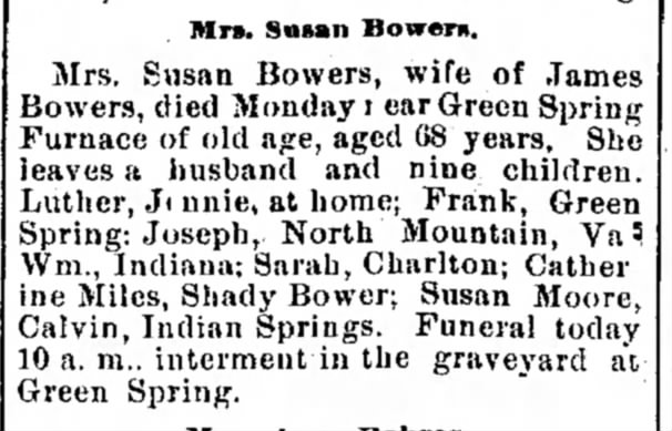 Susan Bowers obit
4 Aug 1899
Herald and Torch Ligh