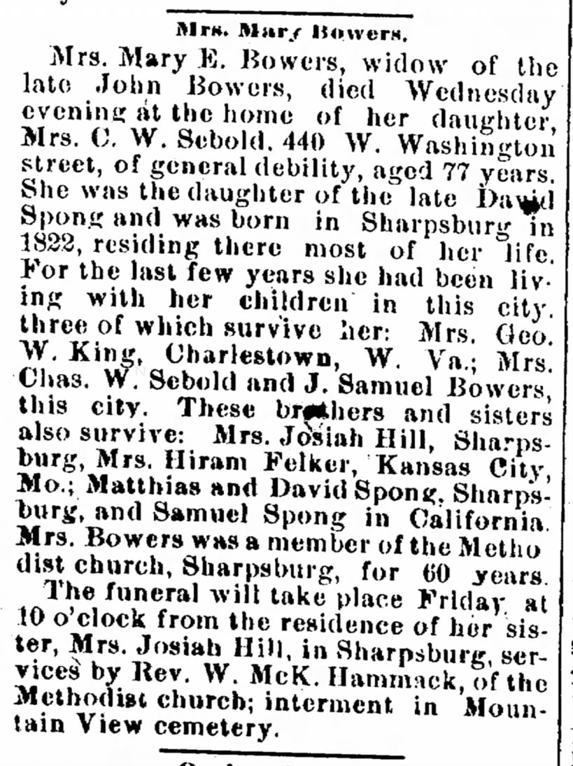 Mary Bowers obit
10 Feb 1899 Herald and Torch Light
Hagerstown MD