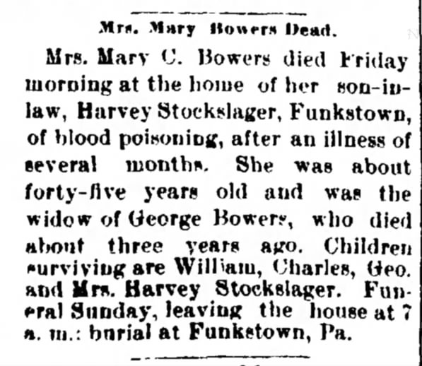 Mary Bowers Obit
Herald and Torch Light
Hagerstown, MD 15 Mar 1894