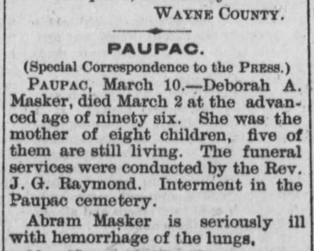 This is a death announcement for Deborah Masker 13 mar 1896.