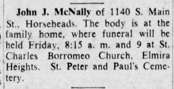 John Joseph McNally obit; 15 Jun 1950; Elmira Heights, Chemung Co, NY
