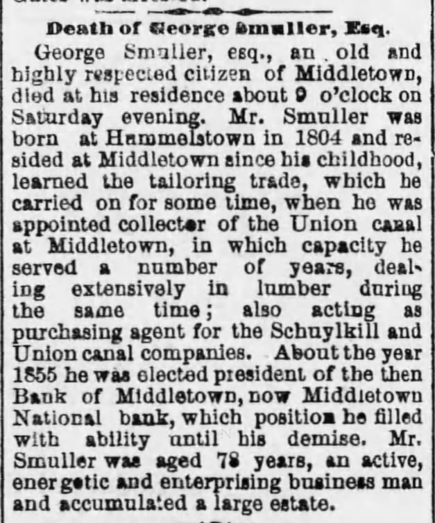 George Smuller obit, died 19 Aug 1882, Middletown, Dauphin Co, PA