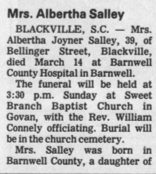 Obituary for Albertha Joyner Salley (Aged 39)