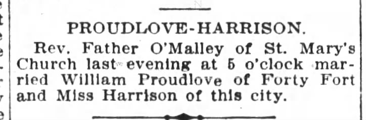 PROUDLOVE/HARRISON marriage June 1910