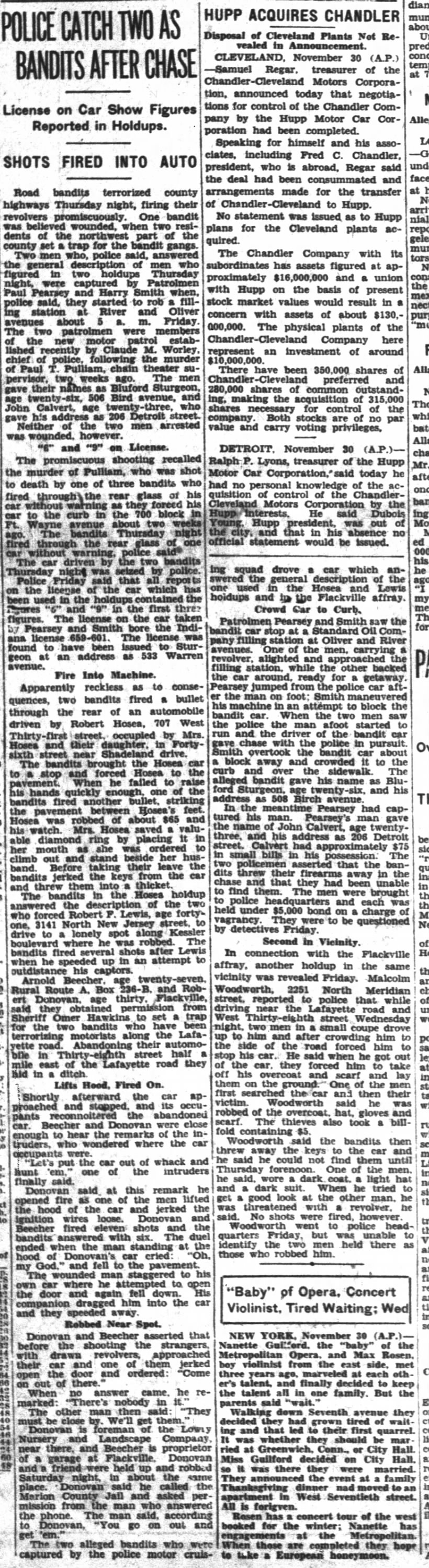 November 30, 1928 story about Paul Pearsey capturing suspects.