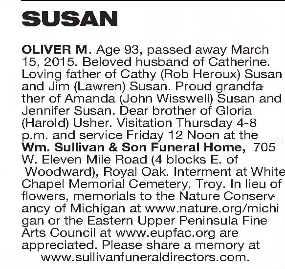 Oliver M Susan obit Detroit Free Press 18 Mar 2015.