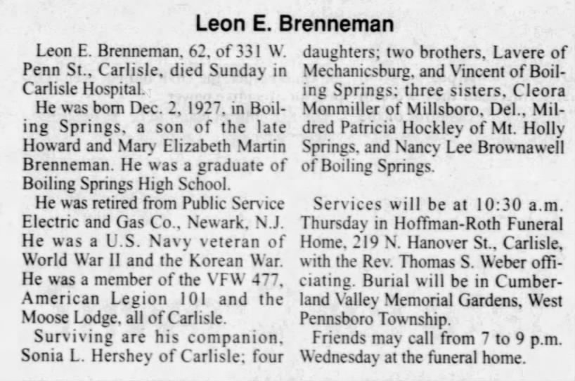 Obituary for Leon E. Brenneman (Aged 62)
