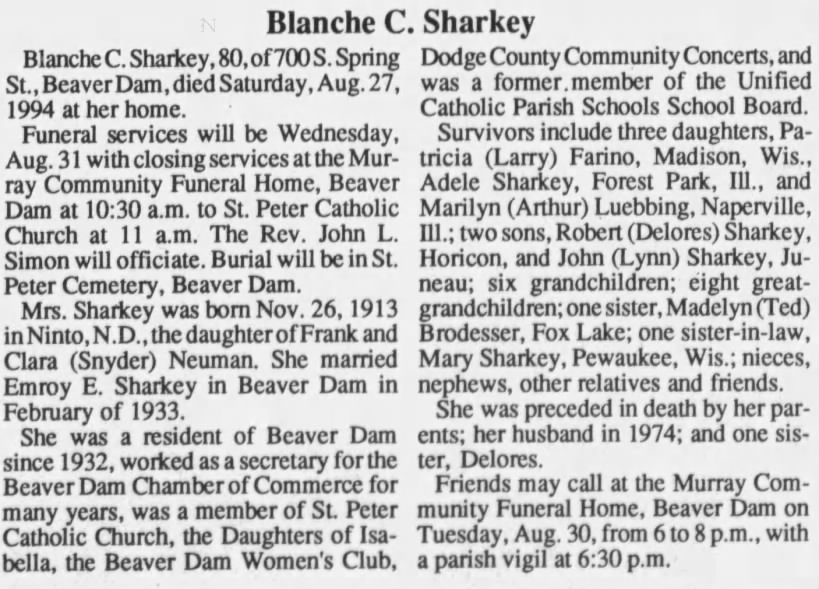 Obituary for Blanche C. Sharkey, 1913-1994 (Aged 80)