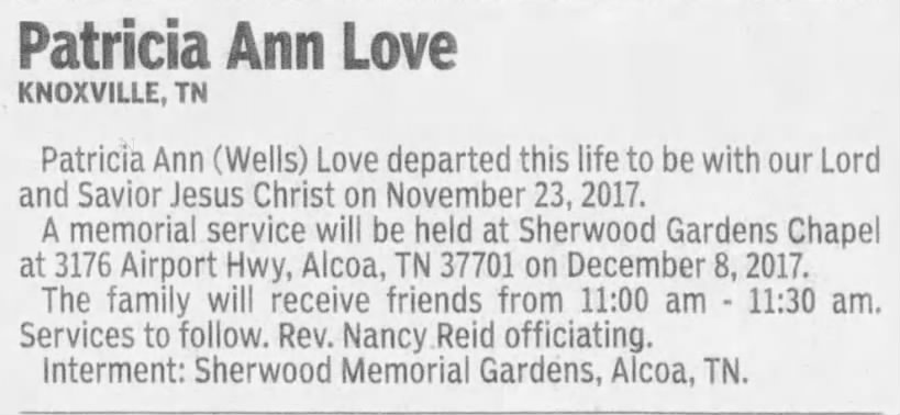Obituary For Patricia Ann Love