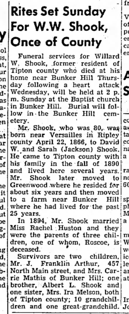 Wesley Shook Obit in the Tipton Tribune,31 Jan 1947