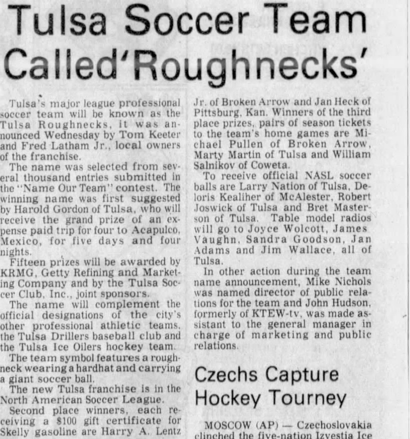Tulsa Soccer Team Called 'Roughnecks'