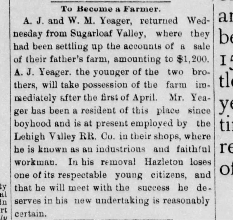 The Hazelton Sentinel (Hazelton, Pa) 16 Mar 1883, Fri, pg 4.  AG and WM Yeager