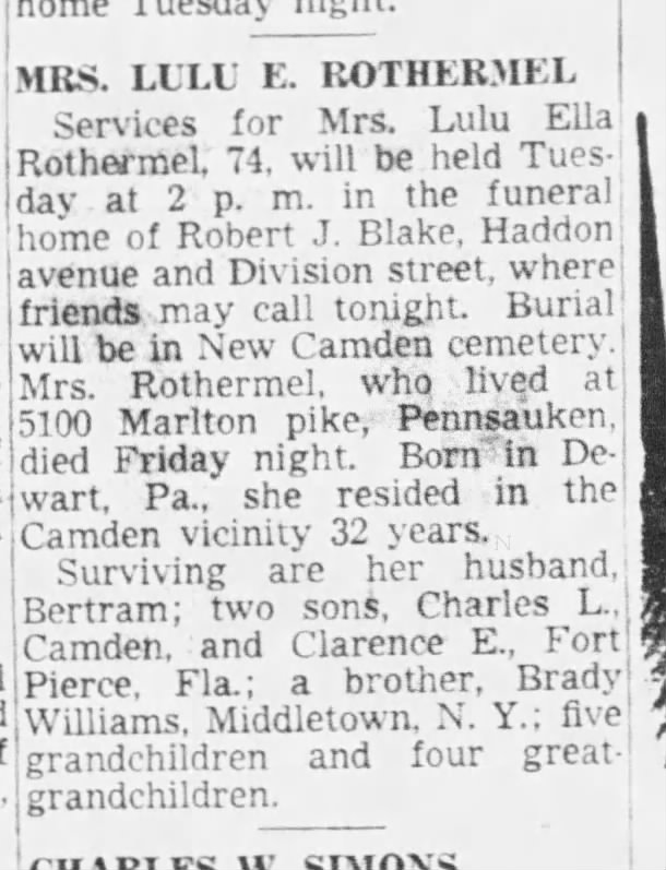 Courier Post (Camdem, NJ) 08 Oct 1951, Mon. Pg 4 Obit for Lulu E (Williams) Rothermel