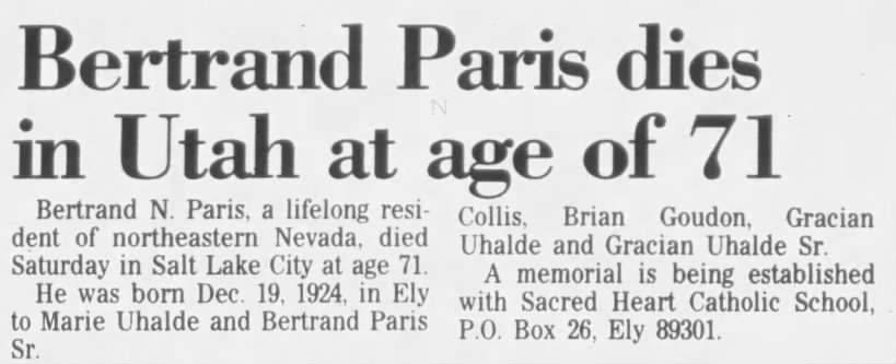 Obituary for Bertrand N. Paris (Aged 71)